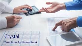  Presentation with work - Presentation theme featuring dividend - business people at work background and a sky blue colored foreground