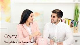  Presentation with young happy couple - Beautiful PPT theme featuring dividend - happy young couple putting dollar backdrop and a lemonade colored foreground