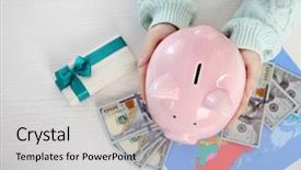  Presentation with piggy bank - Slides enhanced with dividend - woman holding piggy bank background and a light gray colored foreground