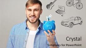  Presentation with piggy bank is evil - PPT theme featuring dividend - young man with piggy bank background and a light gray colored foreground
