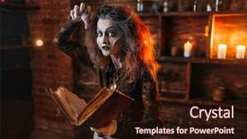  Presentation with witchcraft - Presentation theme featuring divine light - witch holds spellbook dark powers background and a wine colored foreground