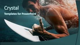  Presentation with muscular dystrophy name - PPT theme enhanced with diving board - muscular adult surfer dives background and a ocean colored foreground
