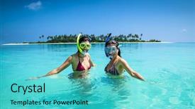  Presentation with happy sad mask - PPT theme having diving mask at topic background and a cyan colored foreground
