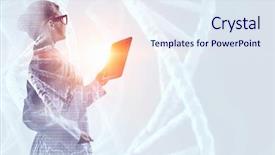  Presentation with dna - Slide set featuring dna - woman doctor use tablet mixed background and a sky blue colored foreground