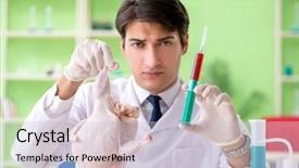  Presentation with gmo - Slide deck having dna bird - lab assistant testing gmo chicken background and a  colored foreground