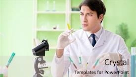  Presentation with gmo - Audience pleasing slide deck consisting of dna bird - lab assistant testing gmo chicken backdrop and a  colored foreground