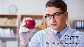  Presentation with dna - Beautiful PPT theme featuring dna diet - scientist working on organic fruits backdrop and a light blue colored foreground