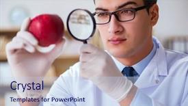  Presentation with dna - Theme consisting of dna diet - scientist working on organic fruits background and a sky blue colored foreground