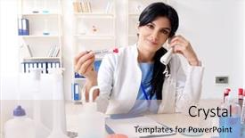  Presentation with lab on chip - Presentation theme featuring dna phone - female chemist working background and a  colored foreground