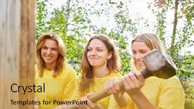  Presentation with construction women - Theme enhanced with do teamwork in a teambuilding background and a yellow colored foreground