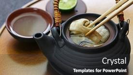  Presentation with teapot - Colorful presentation design enhanced with dobin-mushi-japanese-cuisine-steamed backdrop and a dark gray colored foreground
