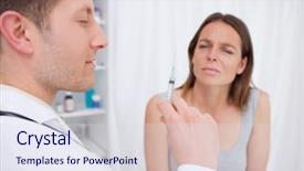  Presentation with give - Amazing PPT layouts having doctor about to give an injection to patient backdrop and a sky blue colored foreground