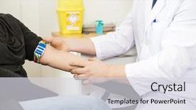  Presentation with blood test - Presentation theme having doctor adjusting band before blood background and a sky blue colored foreground
