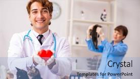  Presentation with legislative committee assistant - Presentation enhanced with doctor and assistant in vet background and a light blue colored foreground