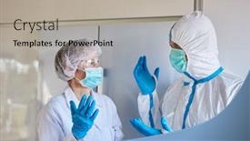  Presentation with covid coronavirus - Amazing slide deck having doctor-and-caregiver-discuss-protective backdrop and a light gray colored foreground