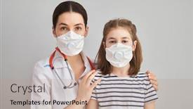  Presentation with child protection - Presentation design enhanced with doctor-and-child-wearing-facemasks background and a coral colored foreground