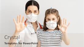  Presentation with child protection - Audience pleasing slide set consisting of doctor-and-child-wearing-facemasks backdrop and a soft green colored foreground