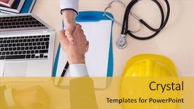  Presentation with insurance - Audience pleasing theme consisting of doctor and manager agreeing industrial backdrop and a yellow colored foreground