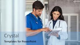  Presentation with female hospital patient - Theme having doctor-and-nurse-discussing-over background and a light blue colored foreground