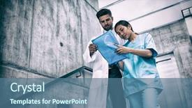  Presentation with climbing stairs - PPT theme enhanced with doctor and nurse looking at report while climbing down stairs in hospital background and a ocean colored foreground