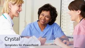  Presentation with doctor discussing parents - Amazing slide deck having doctor and nurses in discussion backdrop and a light blue colored foreground