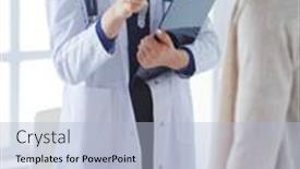  Presentation with patient care - Audience pleasing presentation design consisting of doctor-and-patient-discussing-something backdrop and a light blue colored foreground