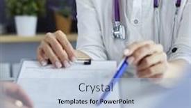  Presentation with file records - Amazing PPT theme having doctor-and-patient-examining backdrop and a light blue colored foreground