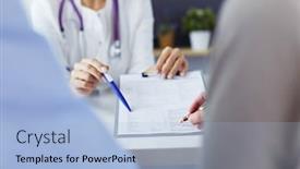  Presentation with file records - Presentation design having doctor-and-patient-examining background and a light blue colored foreground