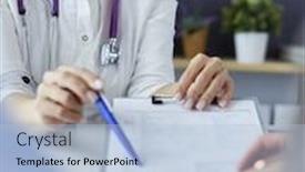  Presentation with file records - Slides enhanced with doctor-and-patient-examining background and a light blue colored foreground