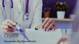  Presentation with file records - Colorful PPT theme enhanced with doctor-and-patient-examining backdrop and a light gray colored foreground