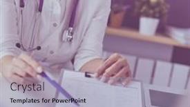  Presentation with medical records - Colorful slide deck enhanced with doctor-and-patient-examining backdrop and a light blue colored foreground