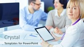  Presentation with physician - PPT theme enhanced with doctor-and-patient-sitting background and a sky blue colored foreground