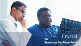  Presentation with light hospital - Beautiful presentation theme featuring doctor-and-surgeon-talking-near backdrop and a ocean colored foreground