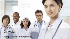  Presentation with medical teamwork - Colorful presentation theme enhanced with doctor and team at medical backdrop and a  colored foreground