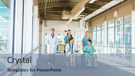  Presentation with walking patients - PPT layouts having doctor at corridor in hospital background and a light blue colored foreground