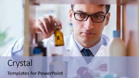  Presentation with medicines - Presentation theme enhanced with doctor at farmacy retail shop background and a light blue colored foreground