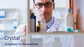 Presentation with medicines - PPT theme with doctor at farmacy retail shop background and a sky blue colored foreground