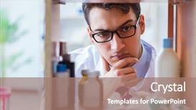  Presentation with medicines - PPT layouts with doctor at farmacy retail shop background and a coral colored foreground