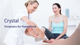  Presentation with doctor office - Theme enhanced with happy feet - doctor bandaging her patient ankle background and a sky blue colored foreground