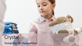  Presentation with equipment - Slide set enhanced with diabetes children - doctor checking diabetics on equipment background and a mint green colored foreground