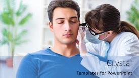  Presentation with medical ear - Audience pleasing PPT theme consisting of doctor-checking-patients-ear-during backdrop and a teal colored foreground