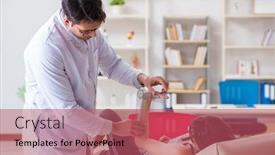  Presentation with joint - Presentation design with doctor checking patients joint flexibility background and a coral colored foreground