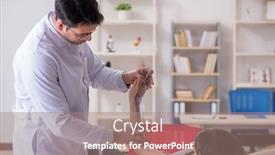  Presentation with joint - Audience pleasing slide deck consisting of doctor checking patients joint flexibility backdrop and a coral colored foreground