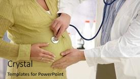  Presentation with pregnant woman in hospital - Presentation enhanced with doctor checking pregnant woman's tummy with stethoscope background and a yellow colored foreground