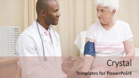  Presentation with concept high blood pressure used tablets and - Presentation theme featuring checking woman's blood pressure background and a coral colored foreground