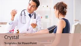  Presentation with blood pressure - Presentation theme with doctor checking woman's blood background and a coral colored foreground