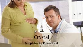  Presentation with examination - Beautiful presentation design featuring doctor concentrating on pregnancy examination with stethoscope in consulting room backdrop and a yellow colored foreground