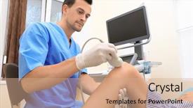  Presentation with examination - Slide deck consisting of doctor conducting ultrasound examination background and a coral colored foreground