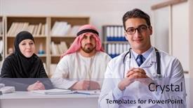  Presentation with doctor family - PPT theme having doctor consulting arab family background and a light blue colored foreground