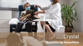  Presentation with elderly home - Beautiful PPT theme featuring doctor-consulting-elderly-female-patient backdrop and a coral colored foreground